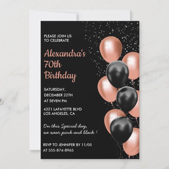 Rose gold 70th birthday invitation Balloon Black (Front)