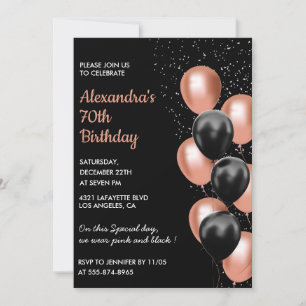 Rose gold 70th birthday invitation Balloon Black