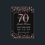 Rose Gold 70th Birthday Save Date Details Black Invitation<br><div class="desc">Elegant "70th Birthday Party" design with faux glitter confetti & details text. Easy to use and easy to personalise. Order Today!</div>