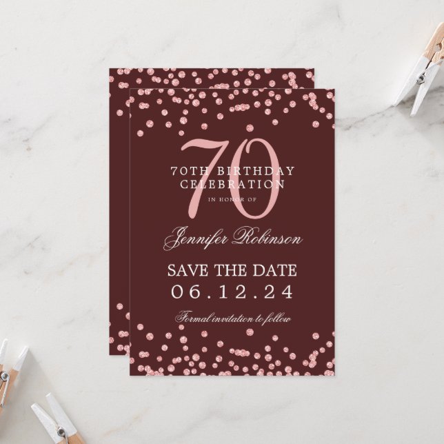 Rose Gold 70th Birthday Save Date Details Burgundy Invitation (Front/Back In Situ)