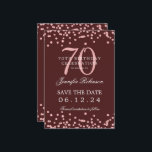 Rose Gold 70th Birthday Save Date Details Burgundy Invitation<br><div class="desc">Elegant "70th Birthday Party" design with faux glitter confetti & details text. Easy to use and easy to personalise. Order Today!</div>