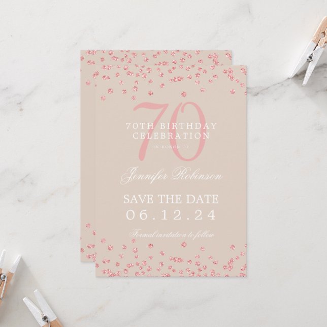 Rose Gold 70th Birthday Save Date Details Champagn Invitation (Front/Back In Situ)
