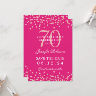 Rose Gold 70th Birthday Save Date Details Hot Pink Invitation