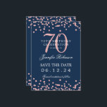 Rose Gold 70th Birthday Save Date Details Navy Blu Invitation<br><div class="desc">Elegant "70th Birthday Party" design with faux glitter confetti & details text. Easy to use and easy to personalise. Order Today!</div>