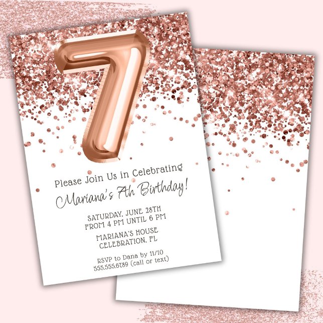 Rose Gold 7th Birthday Party Invitation (Creator Uploaded)