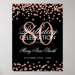 Rose Gold 80th Birthday Glitter Confetti Black Poster