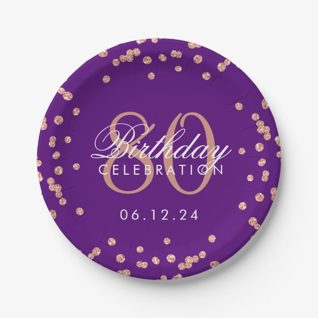 Rose Gold 80th Birthday Glitter Confetti Purple Paper Plate (Front)