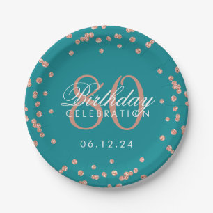 Rose Gold 80th Birthday Glitter Confetti Teal Paper Plate