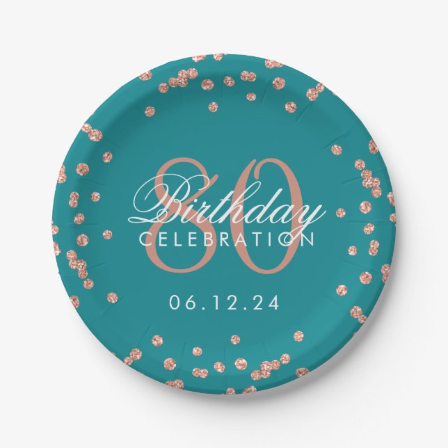 Rose Gold 80th Birthday Glitter Confetti Teal Paper Plate (Front)