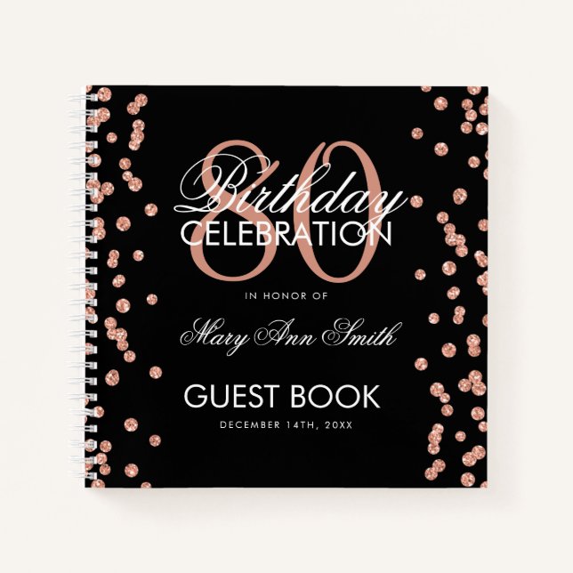 Rose Gold 80th Birthday Guestbook Confetti Black Notebook (Front)