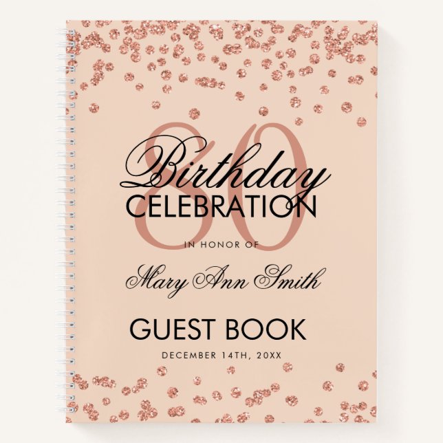 Rose Gold 80th Birthday Guestbook Confetti Blush Notebook (Front)