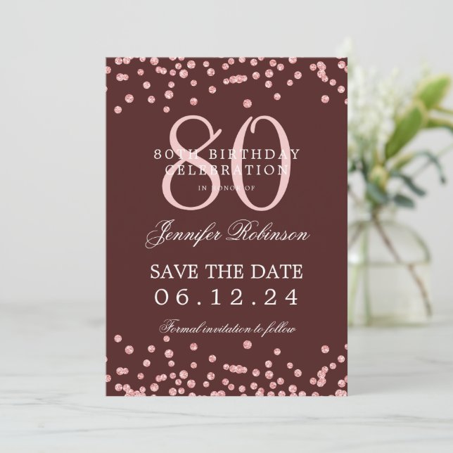 Rose Gold 80th Birthday Save Date Details Burgundy Invitation (Standing Front)