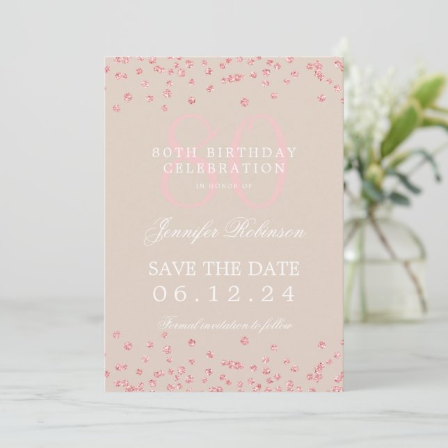Rose Gold 80th Birthday Save Date Details Champagn Invitation (Standing Front)