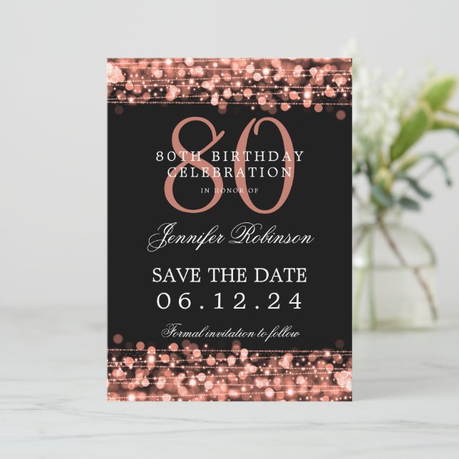 Rose Gold 80th Birthday Save the Date w/ Details Invitation (Standing Front)