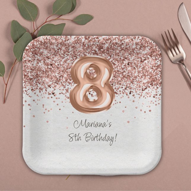  Rose Gold 8th Birthday Party Paper Plate (Creator Uploaded)