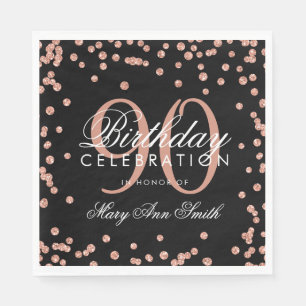 Rose Gold 90th Birthday Glitter Confetti Black Napkin