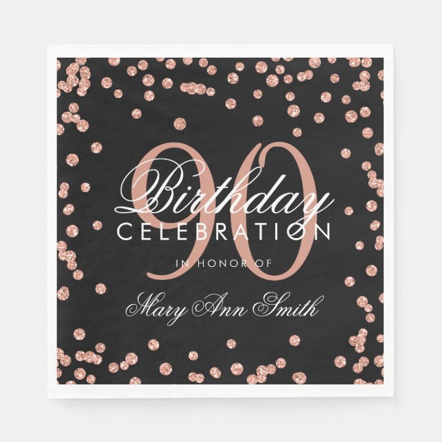 Rose Gold 90th Birthday Glitter Confetti Black Napkin (Front)