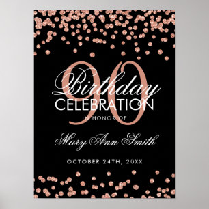 Rose Gold 90th Birthday Glitter Confetti Black Poster