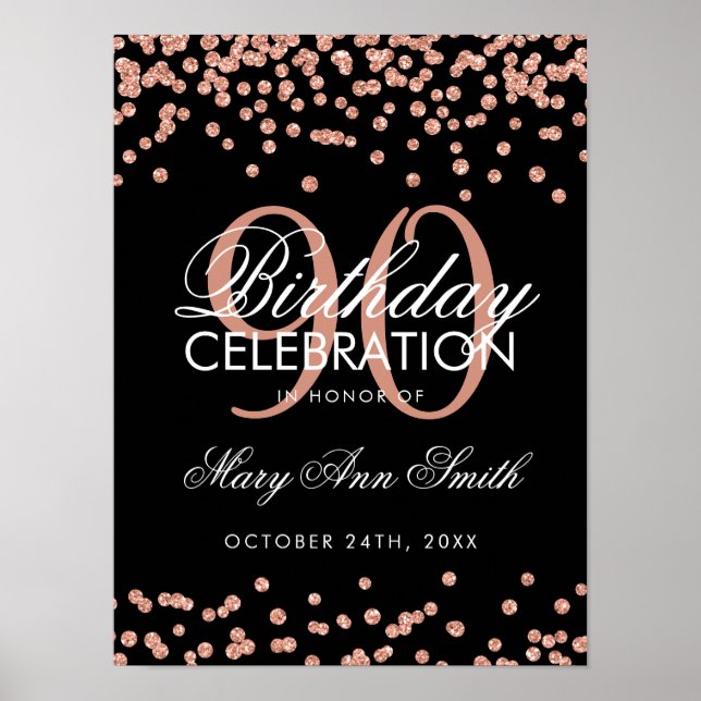Rose Gold 90th Birthday Glitter Confetti Black Poster (Front)
