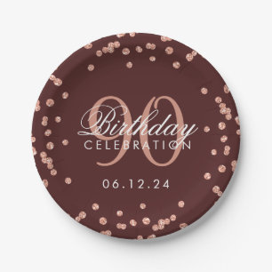 Rose Gold 90th Birthday Glitter Confetti Burgundy Paper Plate