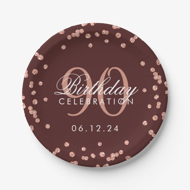 Rose Gold 90th Birthday Glitter Confetti Burgundy Paper Plate (Front)