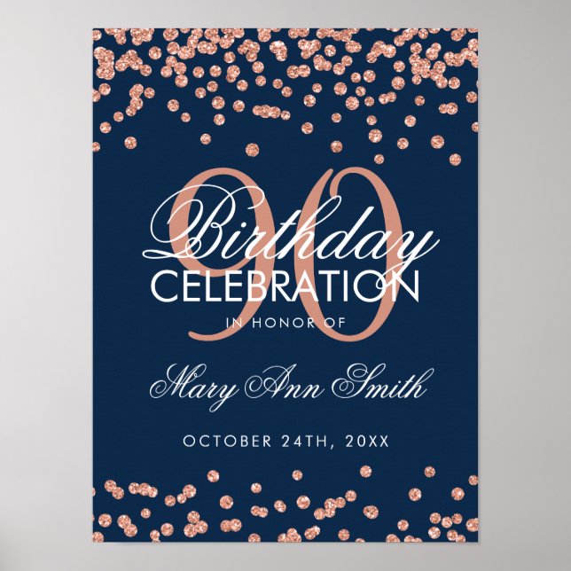 Rose Gold 90th Birthday Glitter Confetti Navy Blue Poster (Front)