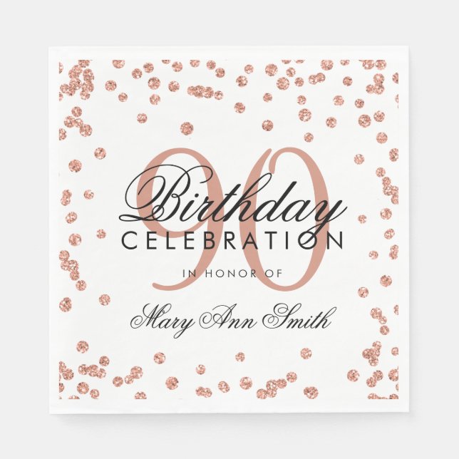 Rose Gold 90th Birthday Glitter Confetti White Napkin (Front)