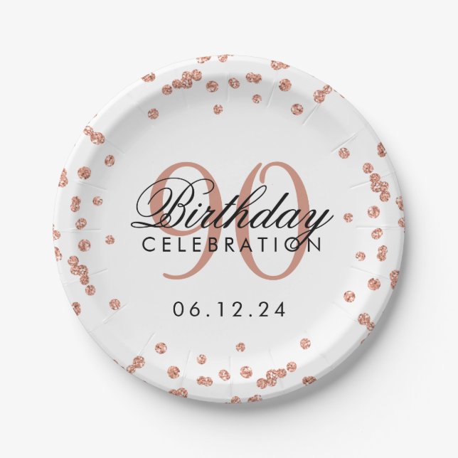 Rose Gold 90th Birthday Glitter Confetti White Paper Plate (Front)