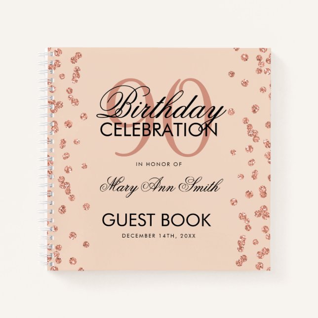 Rose Gold 90th Birthday Guestbook Confetti Blush Notebook (Front)