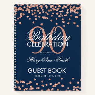 Rose Gold 90th Birthday Guestbook Confetti Navy Notebook