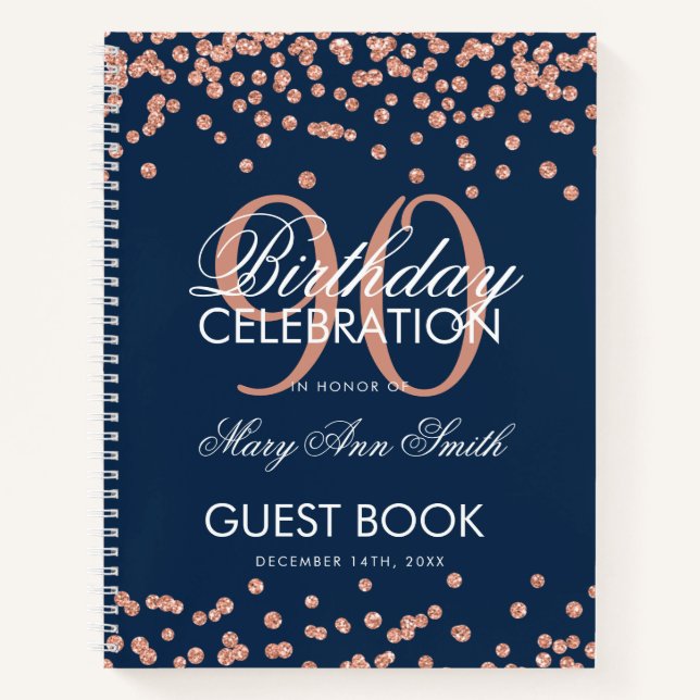 Rose Gold 90th Birthday Guestbook Confetti Navy Notebook (Front)