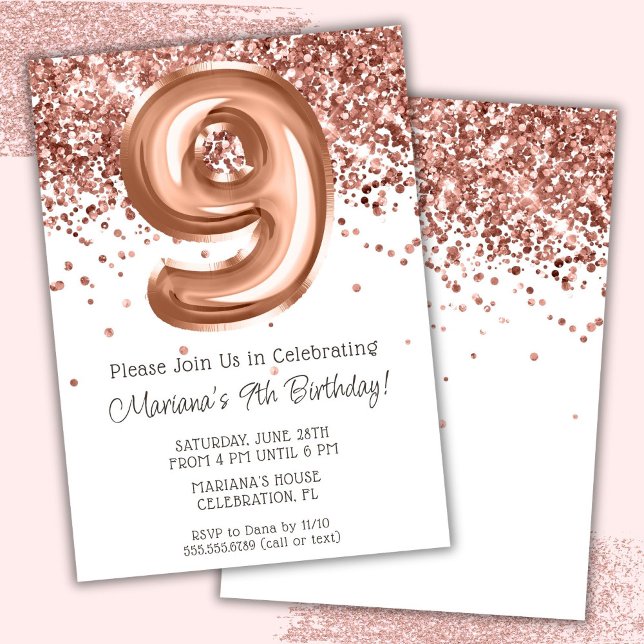 Rose Gold 9th Birthday Party Invitation (Creator Uploaded)