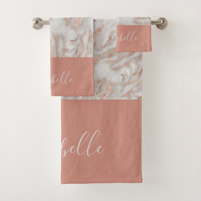 Rose gold abstract marble elegant girly name bath towel set (Insitu)