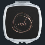 Rose Gold Abstract Monogram Mirror For Makeup<br><div class="desc">Chic personalised compact mirror features a black background with your initial(s) or monogram in modern calligraphy script,  encircled by an abstract circle element in faux rose gold foil.</div>