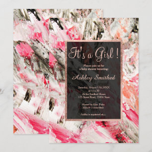 Rose gold acrylic brushstrokes girl baby shower invitation