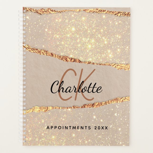 Rose gold agate glitter marble monogram 2021 planner (Front)