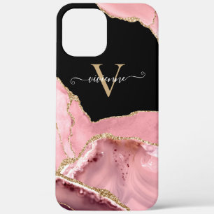 Rose Gold Agate Glitter Monogram iPhone 12 Pro Max Case