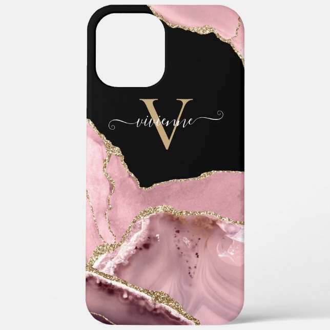 Rose Gold Agate Glitter Monogram Case-Mate iPhone Case (Back)