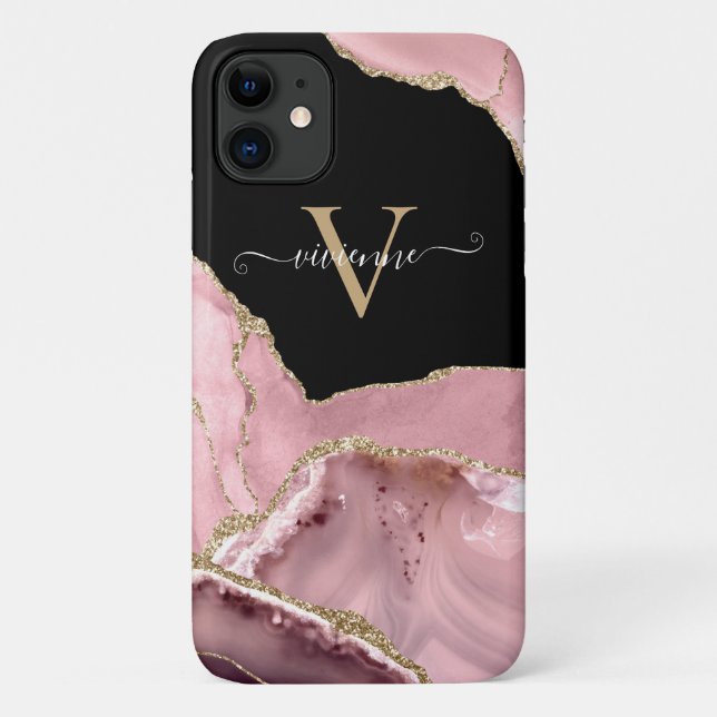 Rose Gold Agate Glitter Monogram Case-Mate iPhone Case (Back)