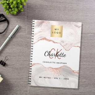 Rose gold agate logo monogram elegant business  notebook