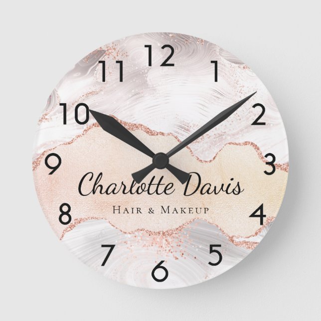 Rose gold agate marble name business round clock (Front)