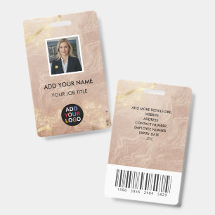 Rose Gold Agate Marble Photo ID Badge Barcode QR