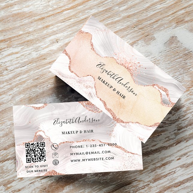 Rose gold agate marble QR code elegant Business Card (Creator Uploaded)