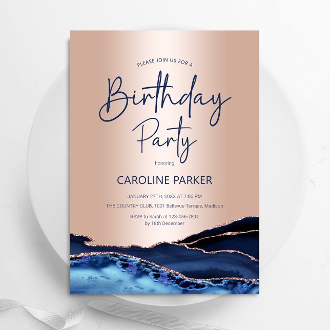 Rose Gold Agate Navy Blue Birthday Any Age Invitation (Creator Uploaded)