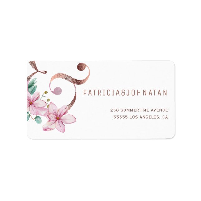 Rose gold ampersand pink green floral Wedding Label (Front)