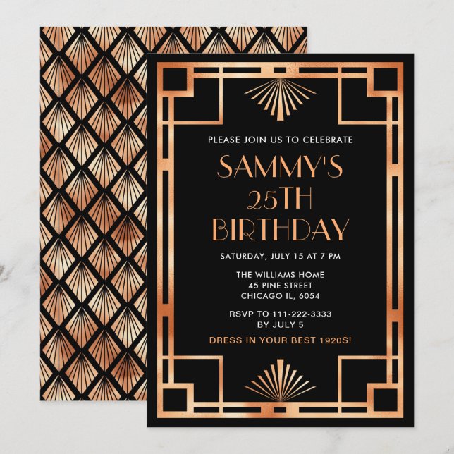 Rose Gold and Black Art Deco Birthday Party Invitation (Front/Back)