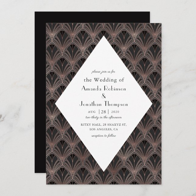 Rose Gold and Black Art Deco Wedding Invitation (Front/Back)