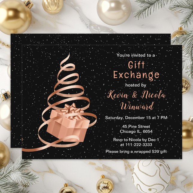 Rose Gold and Black Christmas Gift Exchange Invitation (Creator Uploaded)