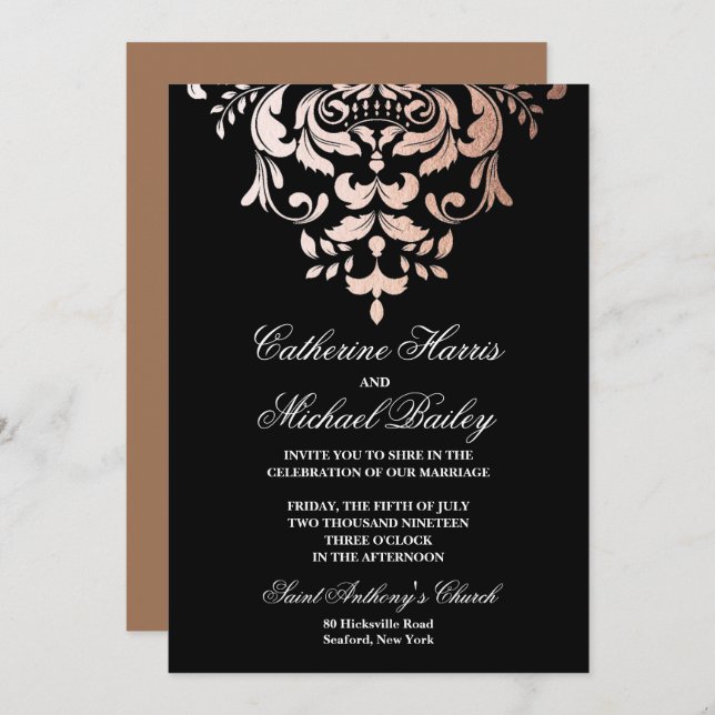 Rose Gold and Black Demask faux foil Wedding Invitation (Front/Back)