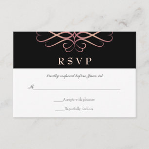 Rose Gold and Black, Elegant Flourishes Wedding RSVP Card